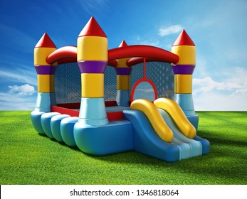 Bounce house standing on green grass. 3D illustration.