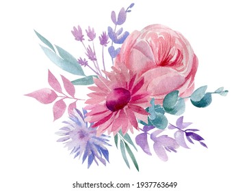 Bouquet abstract pink and violet flowers on isolated on white background, Watercolor painting
