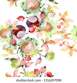 Bouquet of autumn forest fruits. Wild spring leaf isolated. Watercolor illustration set. Watercolour drawing fashion aquarelle isolated. Seamless background pattern. Fabric wallpaper print texture.
