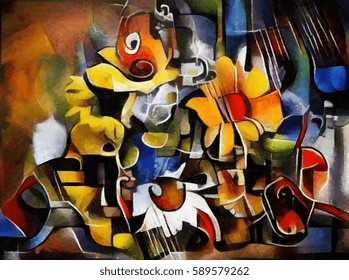 A bouquet of beautiful flowers in a modern style and cubism from Picasso. Executed in oil on canvas with elements of fine art pastel painting. For gift and interior.