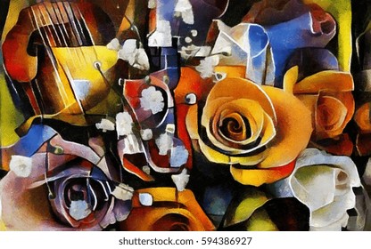 A bouquet of beautiful flowers in a modern style and cubism from Picasso and Kandinsky. Executed in oil on canvas with elements of fine art pastel painting. For gift and interior.