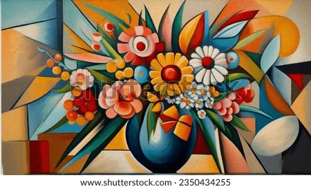 A bouquet of beautiful flowers in a modern style and cubism from Picasso and Kandinsky.fine art pastel painting. For gift and interior.
