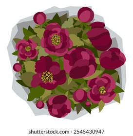 Bouquet of beautiful peonies - flowers surrounded by leaves. Gift and love theme. Happy birthday greeting. Flat style drawing. - Powered by Shutterstock