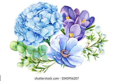 bouquet of blue flowers, hydrangeas, crocuses, eucalyptus, anemone,  watercolor illustration