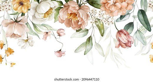 Bouquet Border - Green Leaves And Blush Pink Flowers On White Background. Watercolor Hand Painted Seamless Border. Floral Illustration. Foliage Pattern.