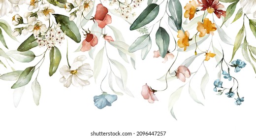 Bouquet Border - Green Leaves And Blush Pink Flowers On White Background. Watercolor Hand Painted Seamless Border. Floral Illustration. Foliage Pattern.