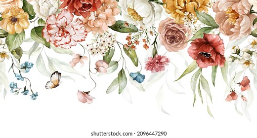 Bouquet border - green leaves and blush pink flowers on white background. Watercolor hand painted seamless border. Floral illustration. Foliage pattern.