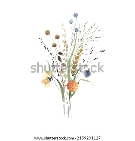 Image, Stock Photo A bunch of wildflowers in your hand. A bouquet woven from red poppies, blue cornflowers and daisies in full against the sky