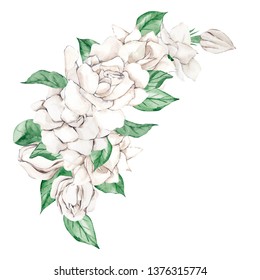 Bouquet With Delicate Flowers Of Gardenia And Leaves, Watercolor Illustration