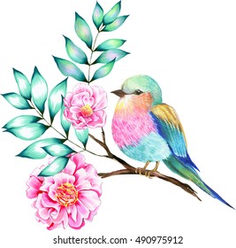 Bouquet Of Exotic Flower With A Small Colorful Tropical Bird. Amazing Detailed Botanical Illustration. Hyper Real Colors And Detailed. Artistic Bouquet. 