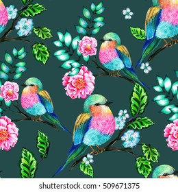 Bouquet Of Exotic Flower With A Small Colorful Tropical Bird. Amazing Detailed Botanical Illustration. Hyper Real Colors And Detailed. Artistic Bouquet.