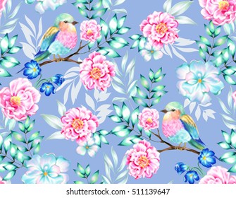 Bouquet Of Exotic Flower With A Small Colorful Tropical Bird. Amazing Detailed Botanical Illustration. Hyper Real Colors And Detailed. Artistic Bouquet.