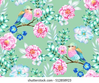 Bouquet Of Exotic Flower With A Small Colorful Tropical Bird. Amazing Detailed Botanical Illustration. Hyper Real Colors And Detailed. Artistic Bouquet.