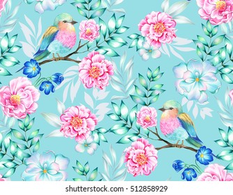 Bouquet Of Exotic Flower With A Small Colorful Tropical Bird. Amazing Detailed Botanical Illustration. Hyper Real Colors And Detailed. Artistic Bouquet.