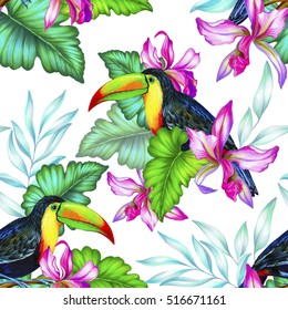 Bouquet Of Exotic Flower With A Small Colorful Tropical Bird. Amazing Detailed Botanical Illustration. Hyper Real Colors And Detailed. Artistic Bouquet.