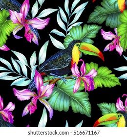 Bouquet Of Exotic Flower With A Small Colorful Tropical Bird. Amazing Detailed Botanical Illustration. Hyper Real Colors And Detailed. Artistic Bouquet.