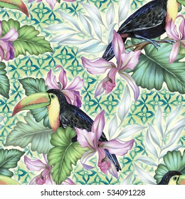 小さなカラフルな熱帯の鳥を持つエキゾチックな花のブーケ 驚くべき詳細な植物イラスト ハイパーリアルカラーと詳細 芸術的なブーケ のイラスト素材
