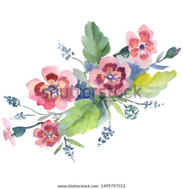 花束花植物の花 野春の葉やま草 水の色の背景イラストセット 水彩画ファッションアクレル 花束イラストエレメント のイラスト素材