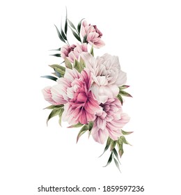 Watercolor Bouquet Flowers Rose Peony Mallow Stock Illustration ...