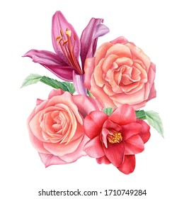 bouquet of flowers,  lilies, roses, quince on an isolated background, botanical illustration, watercolor floral design