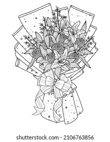 A Bouquet Of Flowers Outline, Lily Flowers, Valentine's Day Illustration For Coloring Book