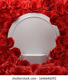 Bouquet Of Fresh Rose Red Flower Background With White Podium Stage Display, 3d Rendering Geometric Scene.