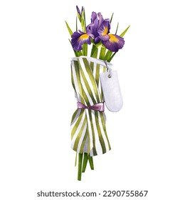 Bouquet of irises with a price tag. Purple flowers in striped paper packaging. Watercolor illustration for flower shops and florists. Isolated white background. - Powered by Shutterstock