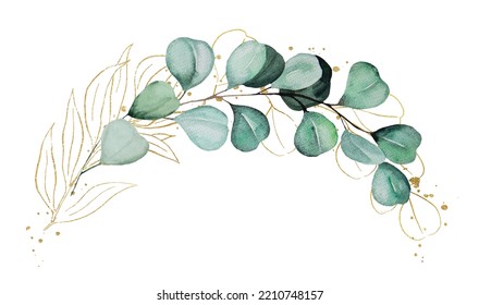 Bouquet Made Of Green And Golden Watercolor Eucalyptus Leaves And Twigs, Isolated Illustration. Botanical Element For Romantic Wedding Stationery, Greetings Cards And Crafting