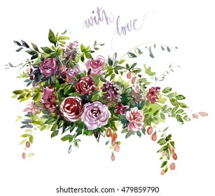 Bouquet With Maroon Flowers And Berries. Watercolor Illustration