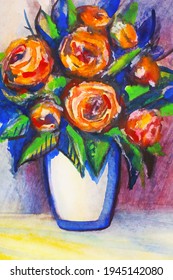 Bouquet Of Orange Roses In A White Vase Watercolor Painting. Bright Blue Shadows On The Table. Matisse Style Fauvism