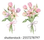 Bouquet of Pastel pink light violet yellow Tulips and open bud and bow watercolor illustration isolated. Hand drawn garden composition perennial bulbous flower for spring wedding design or card.