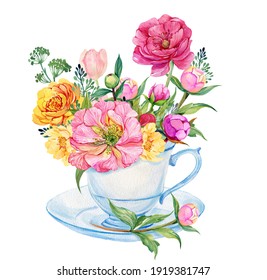 Floral Bouquet Watercolor Cup Illustration Picture Stock Illustration ...