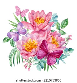 Bouquet and pink lotus flowers   butterflies  floral Illustration botanical watercolor style  Flora design 
