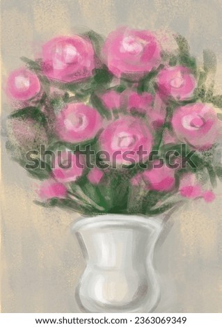 Bouquet of Pink roses in a vase in beige painting. Matisse style fauvism. Pink white flowers