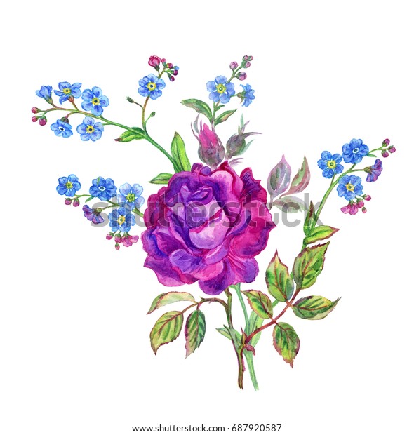 Bouquet Purple Roses Forgetmenots Watercolor Drawing Stock Illustration