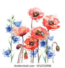 A bouquet of red poppy flower and bluebells is hand-painted in watercolor on an isolated white background. A set of colors. Colorful flowers. Watercolour illustration. Spring greeting card.