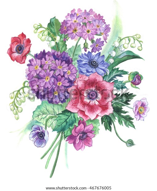 Bouquet Spring Flowers Watercolor Painting Stock Illustration 467676005
