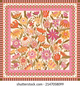 Bouquet of summer flowers illustration.  Dots, daisies.  Botanical illustration.  Square floral template.  Silk neckerchief, shawl bandana, handkerchief design.