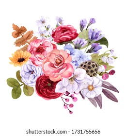 Blush Burgundy Maroon Peony Rose Watercolor Stock Illustration 1528976237