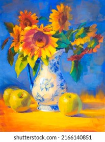 Bouquet of Sunflowers, impressionist painting oil on canvas. Sunflowers in a Japanese vase on tablecloth