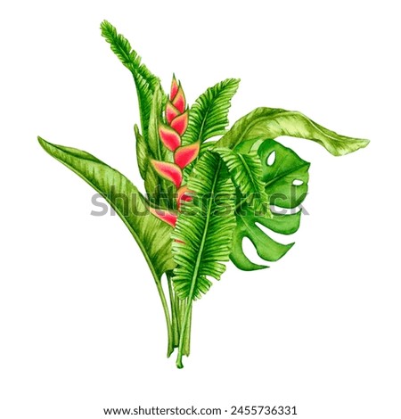 Bouquet of tropical flowers and leaves. Watercolor composition. Realistic botanical illustration. Design of invitations, posters, postcards, greeting cards, stationery, fabric printing, etc.