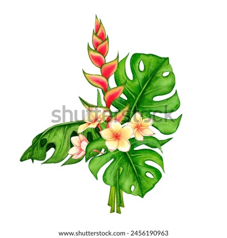 Bouquet of tropical leaves and flowers. Watercolor composition. Realistic botanical illustration. Design of invitations, posters, postcards, greeting cards, stationery, fabric printing, etc.