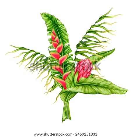 Bouquet of tropical leaves and flowers. Watercolor composition. Realistic botanical illustration. Design of invitations, posters, postcards, greeting cards, stationery, fabric printing, etc.