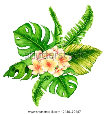 Bouquet of tropical leaves and frangipani flowers. Watercolor composition. Realistic botanical illustration. Design of invitations, posters, postcards, greeting cards, stationery, fabric printing.