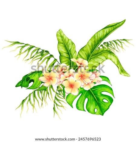 Bouquet of tropical leaves and frangipani flowers. Watercolor composition. Realistic botanical illustration. Design of invitations, posters, postcards, greeting cards, stationery, fabric printing.
