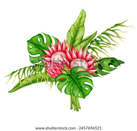 Bouquet of tropical leaves and protea flowers. Watercolor composition. Realistic botanical illustration. Design of invitations, posters, postcards, greeting cards, stationery, fabric printing, etc.