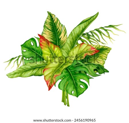 Bouquet of tropical leaves. Watercolor composition. Realistic botanical illustration. Design of invitations, posters, postcards, greeting cards, stationery, fabric printing, etc.