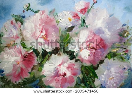 Bouquet of vivid colorful flowers. Oil painting light pink peonies close-up. Hand oil painting on canvas