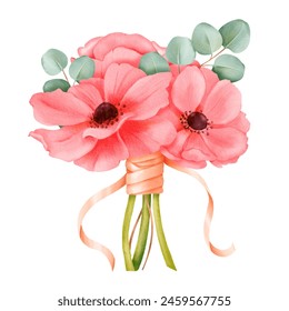 A bouquet of watercolor pink anemones embellished with eucalyptus leaves and satin ribbons. for enhancing wedding invitations, event decorations, botanical-themed designs creations, artistic projects - Powered by Shutterstock