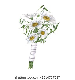 Bouquet of white meadow daisies with wild herbs. Flowers for wedding in rustic style. Boutonniere, bride, groom, engagement. Watercolor illustration for wedding stationary, invitation - Powered by Shutterstock